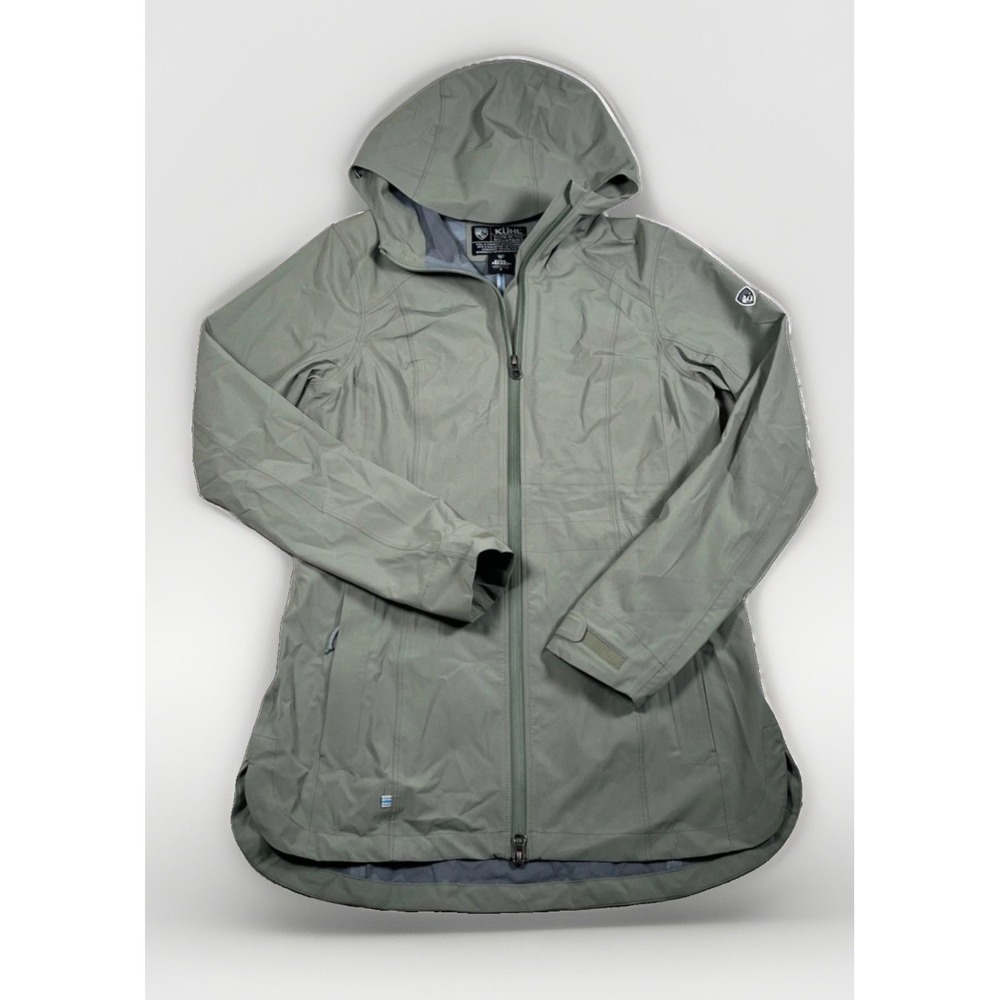 KUHL Womens Small Stretch Voyagr Waterproof Rain Jacket Sage Green Hooded Parka